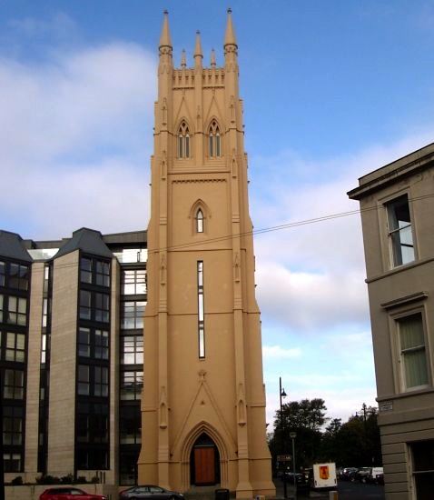 Tower of Park Church on Woodlands Hill in Park District of Glasgow, Scotland