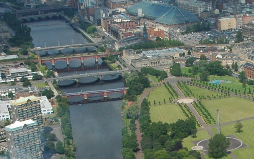 Aerial view of Glasgow Green and Bridges over the River Clyde