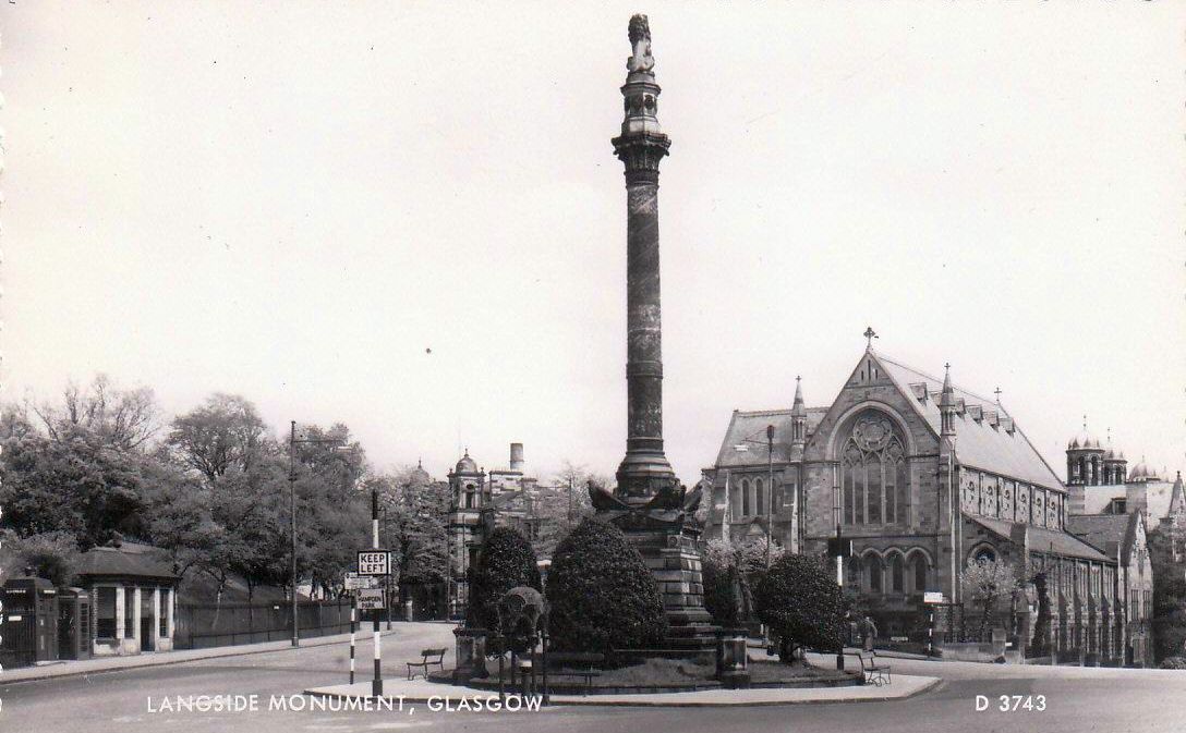 Old postcard - Langside Monument in front of Langside Hill Church