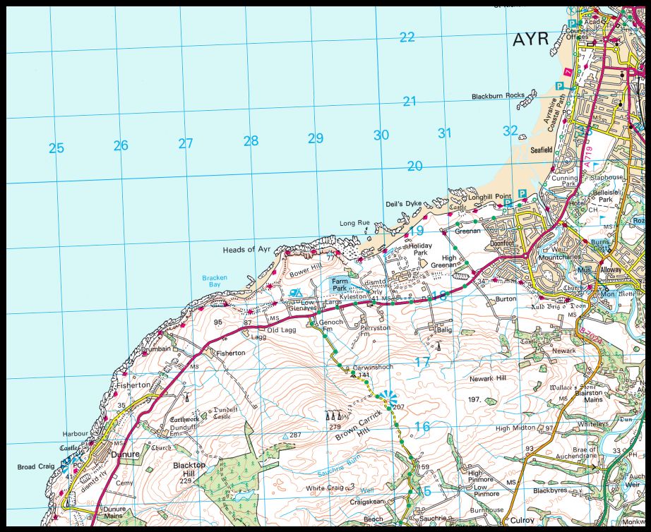Map of Ayrshire Coastal Path from Ayr to Dunure