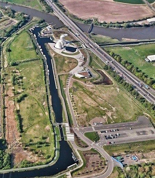 Aerial view of The Kelpies and Carron Sea Lock