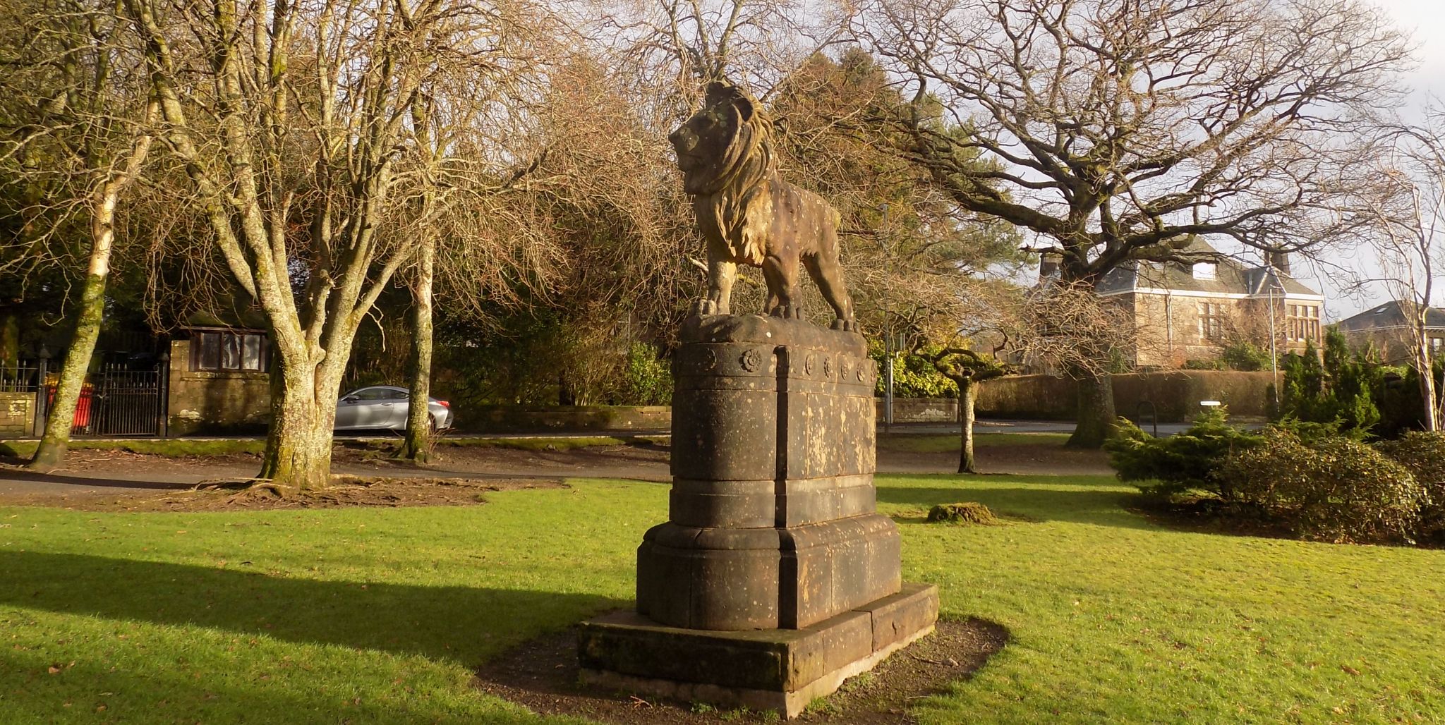 Lion statue in Birkmyre Park in Kilmacolm