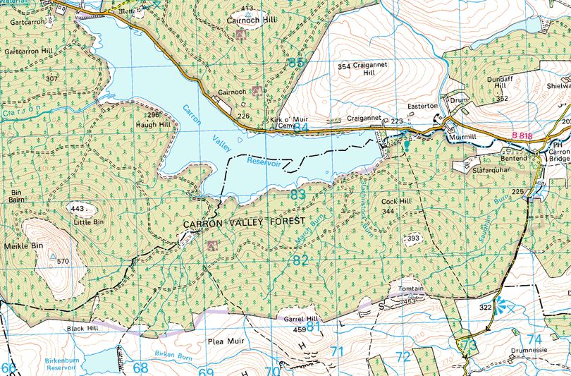 Map of Carron Valley Reservoir and Tomtain