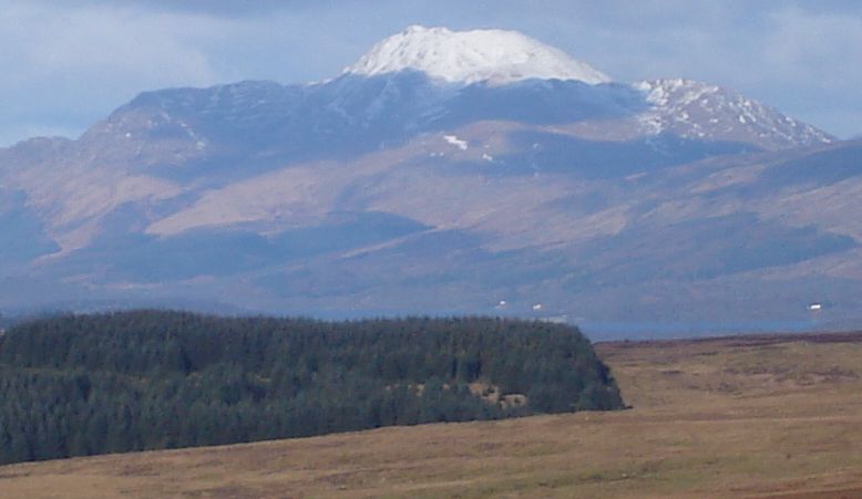 Snow-covered Ben Lomond from Lang Craigs