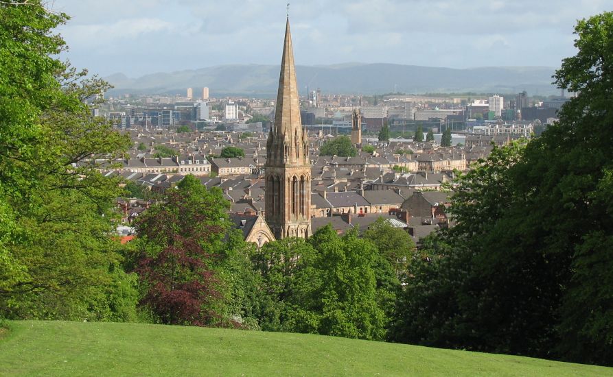 Queen's Park Baptist Church and the Campsie Fells from the Flagpole on Queen's Park Hill
