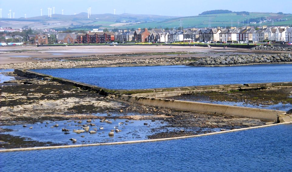 Open air swimming pools and waterfront at Saltcoats on the Ayrshire Coast of Scotland