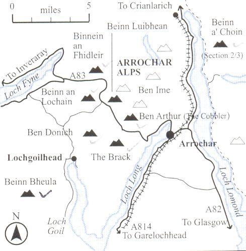 Map of Corbetts in the Arrochar Alps region of the Southern Highlands of Scotland