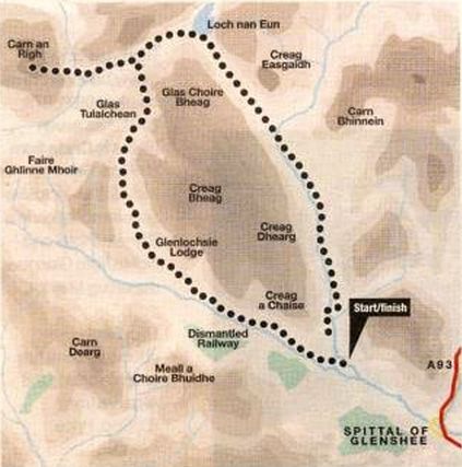 Route Map for the Munros Carn an Righ and Glas Tulaichean