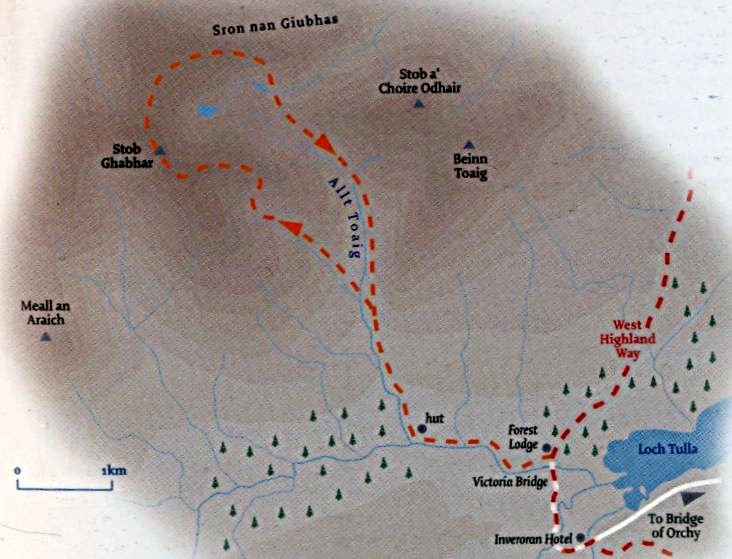 Route Map for Stob Ghabhar in the Black Mount of Glencoe above the West Highland Way