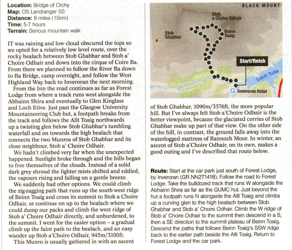 Map and Route Description for Stob a Choire Odhair in the Black Mount of Glencoe