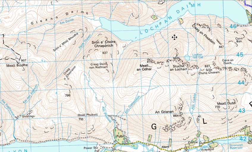 Map of Meall Buidhe, Sron a'Choire Chnapanich and Stuchd an Lochain