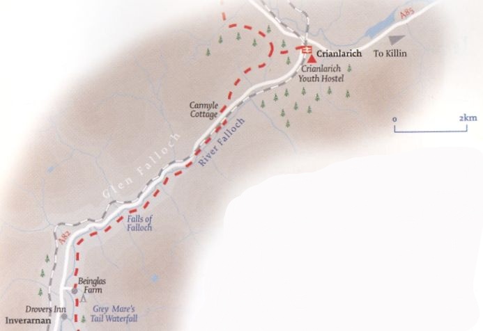 Route Map of the West Highland Way from Beinglas through Glen Falloch to Crianlarich