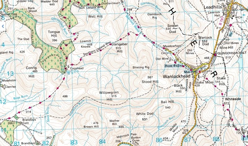 Map of Wanlockhead in the Southern Uplands