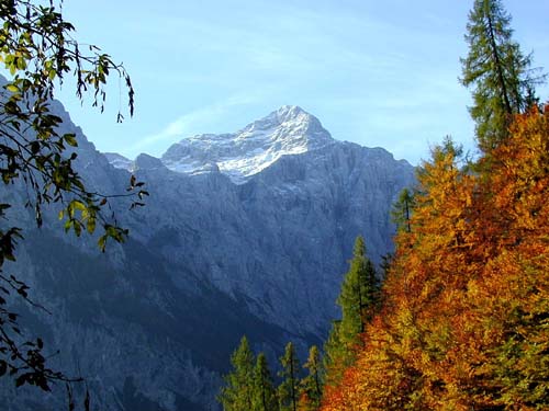 Mt. Triglav from forested lower slopes in the Julian Alps of Slovenia