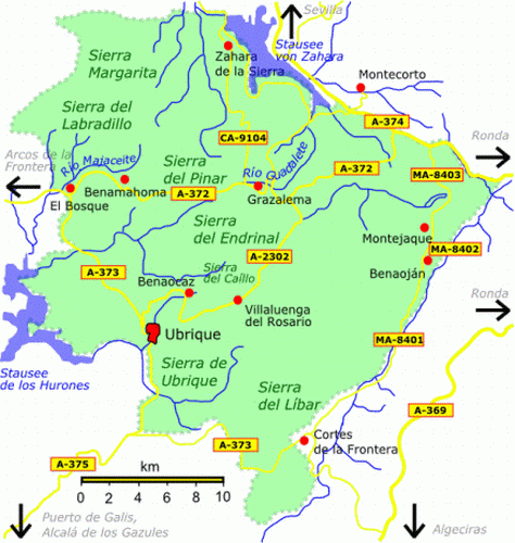 Map of the Sierra de Grazalema NP in Andalucia region of Southern Spain