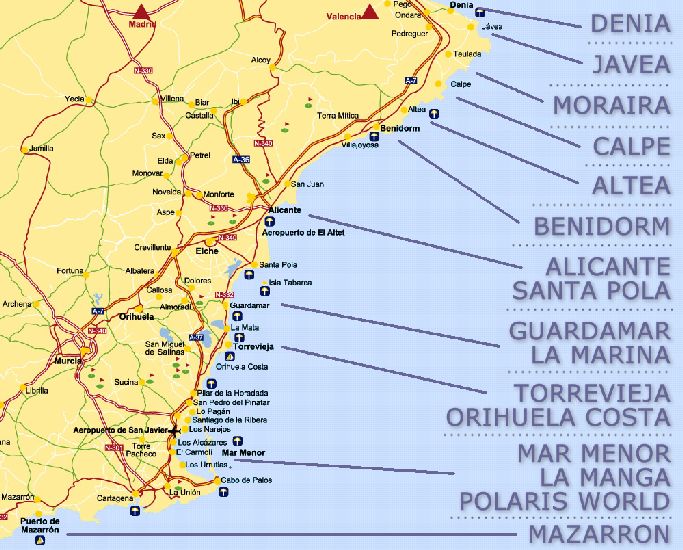 Map of the Costa Blanca in Spain