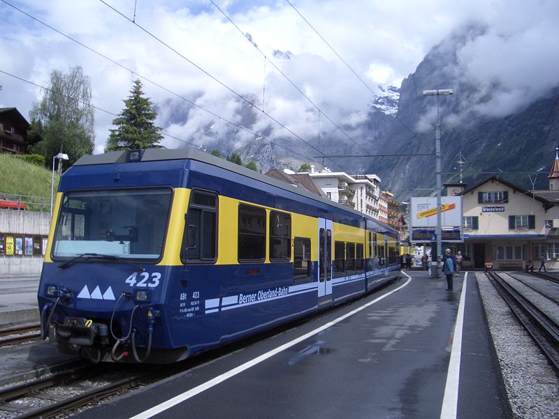 Berner Oberland Railway Train in Grindelwald in the Bernese Oberlands of Switzerland