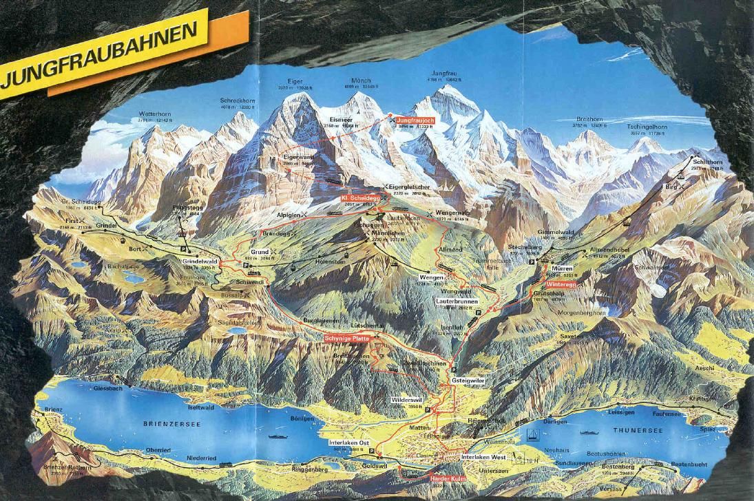 Map of Interlaken between Brienzersee and Thunersee beneath the Bernese Oberlands