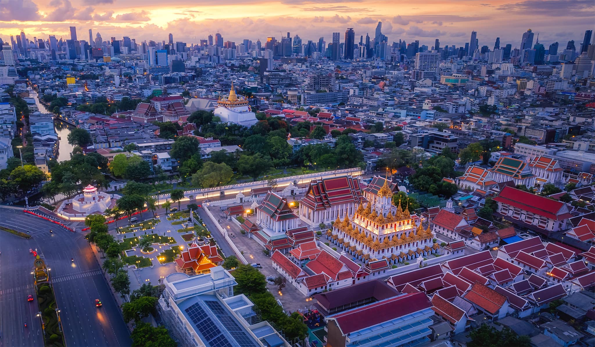 Aerial view of Golden Mount at Wat Saket in Bangkok - Krung Thep - capital City of Thailand