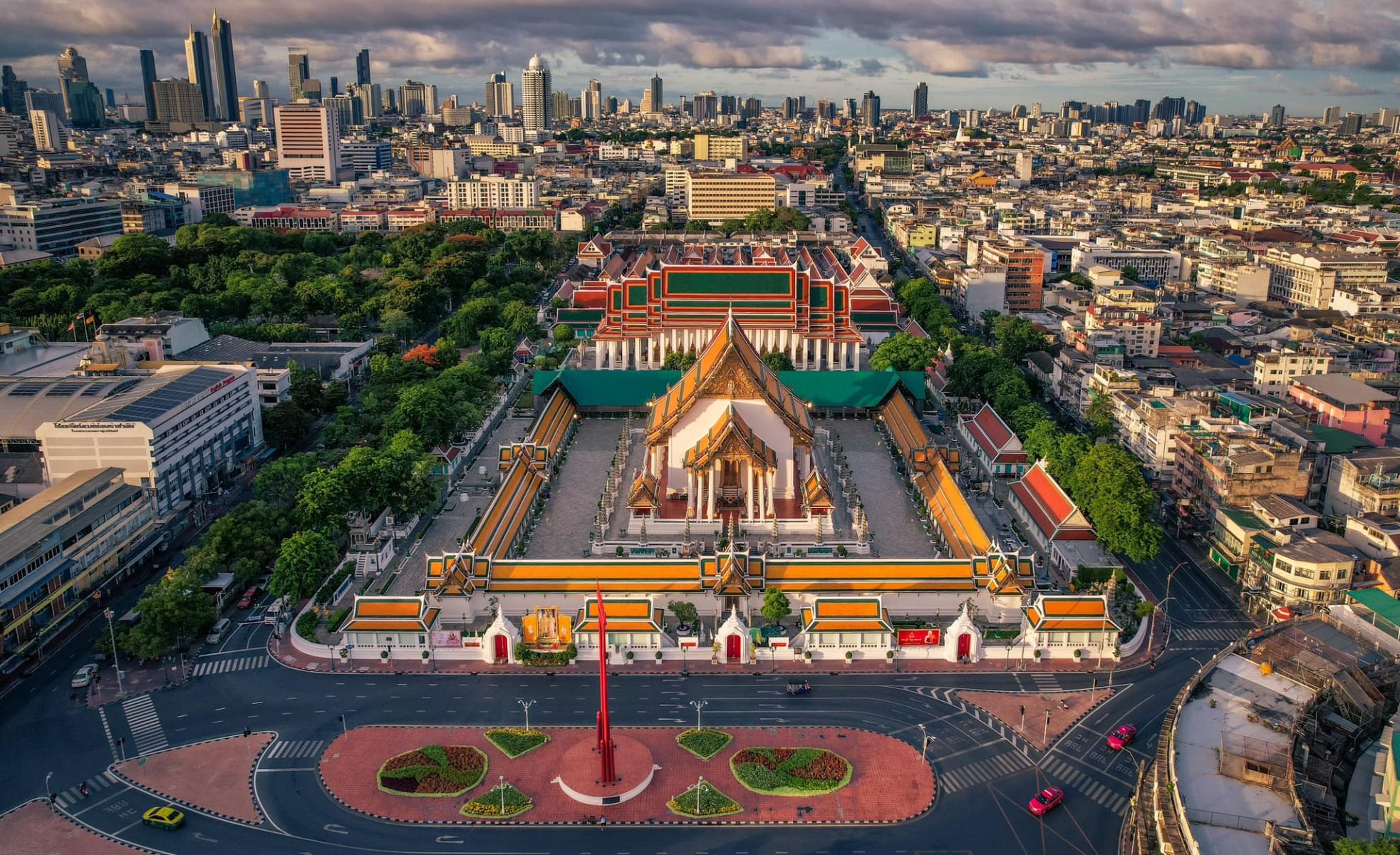 Aerial view of Wat Suthat and Giant Swing in Bangkok