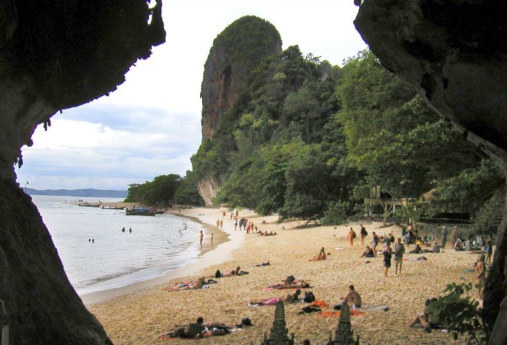 View of beach and limestone cliffs from Princess Goddess Cave at Hat Tham Phra Nang near Krabi in Southern Thailand