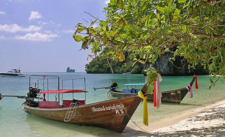 Long-tailed boats at Phra Nang near Krabi in Southern Thailand