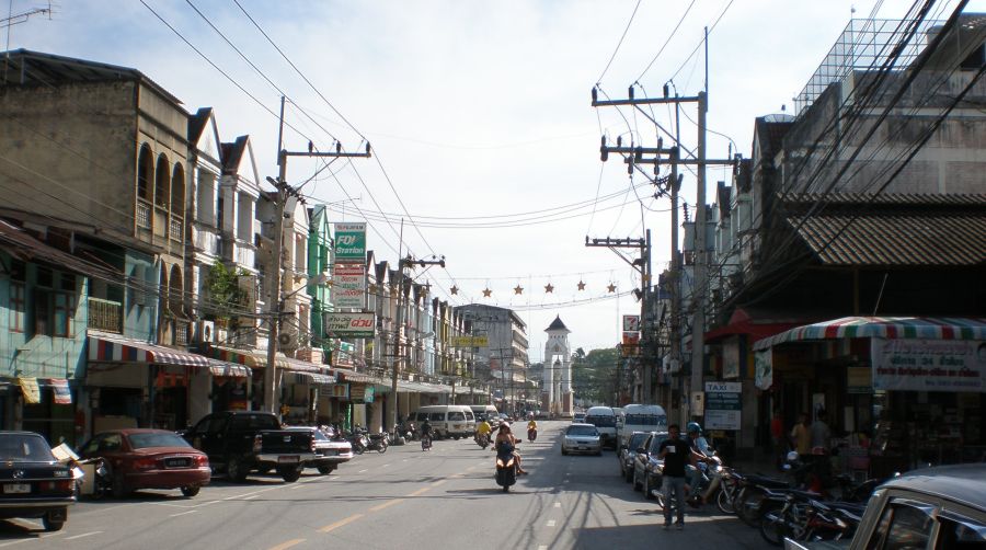 Main street in Betong in Southern Thailand