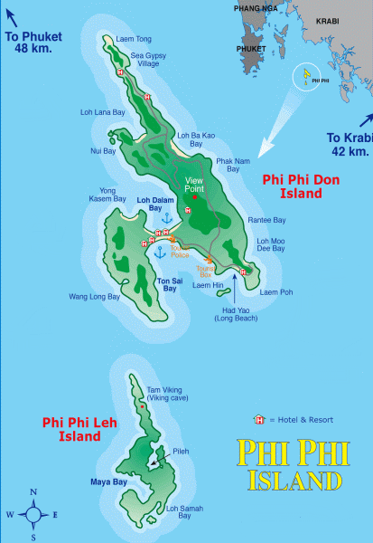 Map of Ko Phi Phi in Phang Nga Bay in Southern Thailand