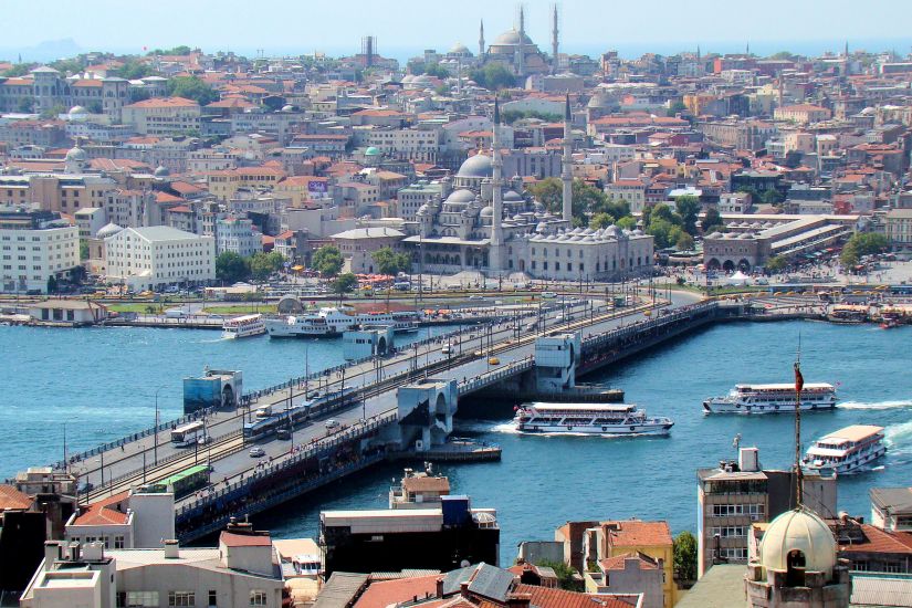 The Galata Bridge from the Galata Tower in Istanbul in Turkey