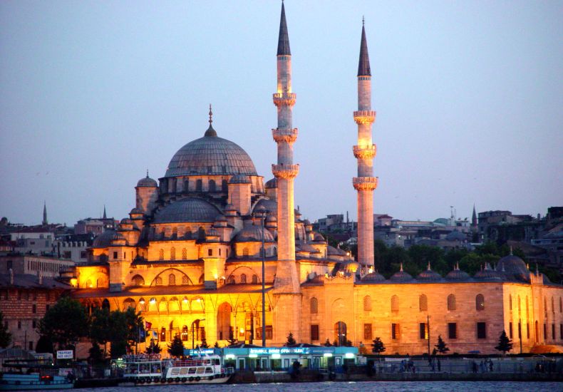 The New Mosque in Istanbul illuminated at night
