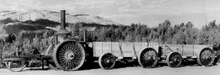 Old photo of "Old Dinah" steam tractor at Furnace Creek Ranch