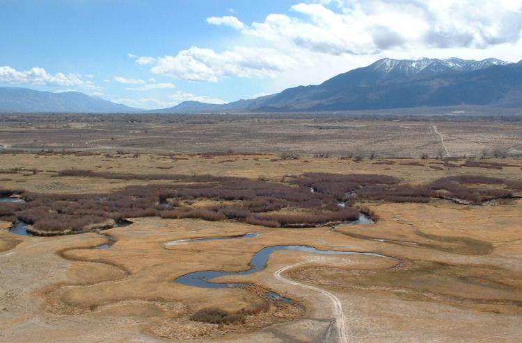 Owens River in Owens Valley and the Sierra Nevada mountains