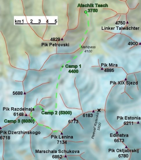 Map of ascent route on Pik Lenin