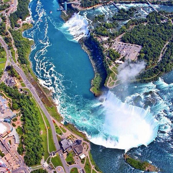 An aerial overview of Niagara Falls.