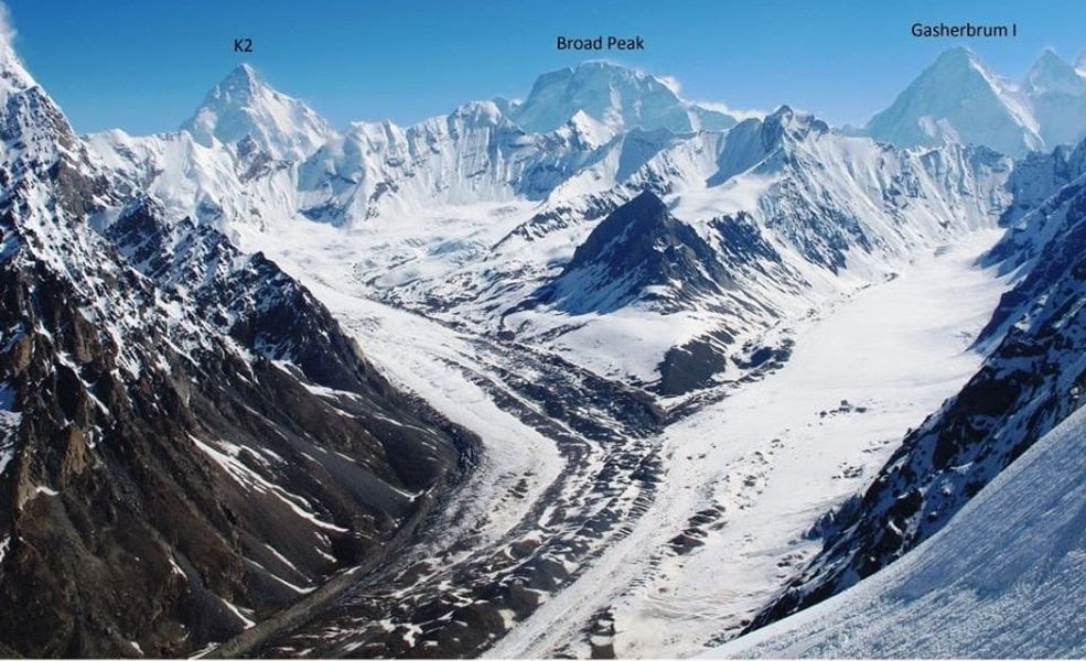 Broad Peak ( 8047 metres ) from Concordia in the Karakorum Mountains of Pakistan - the world's twelfth highest mountain