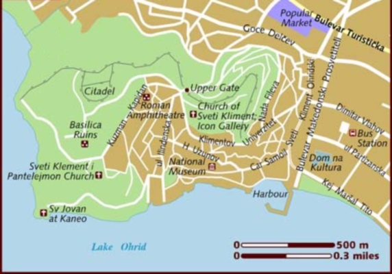Map of the City of Ohrid on Lake Ohrid in Macedonia