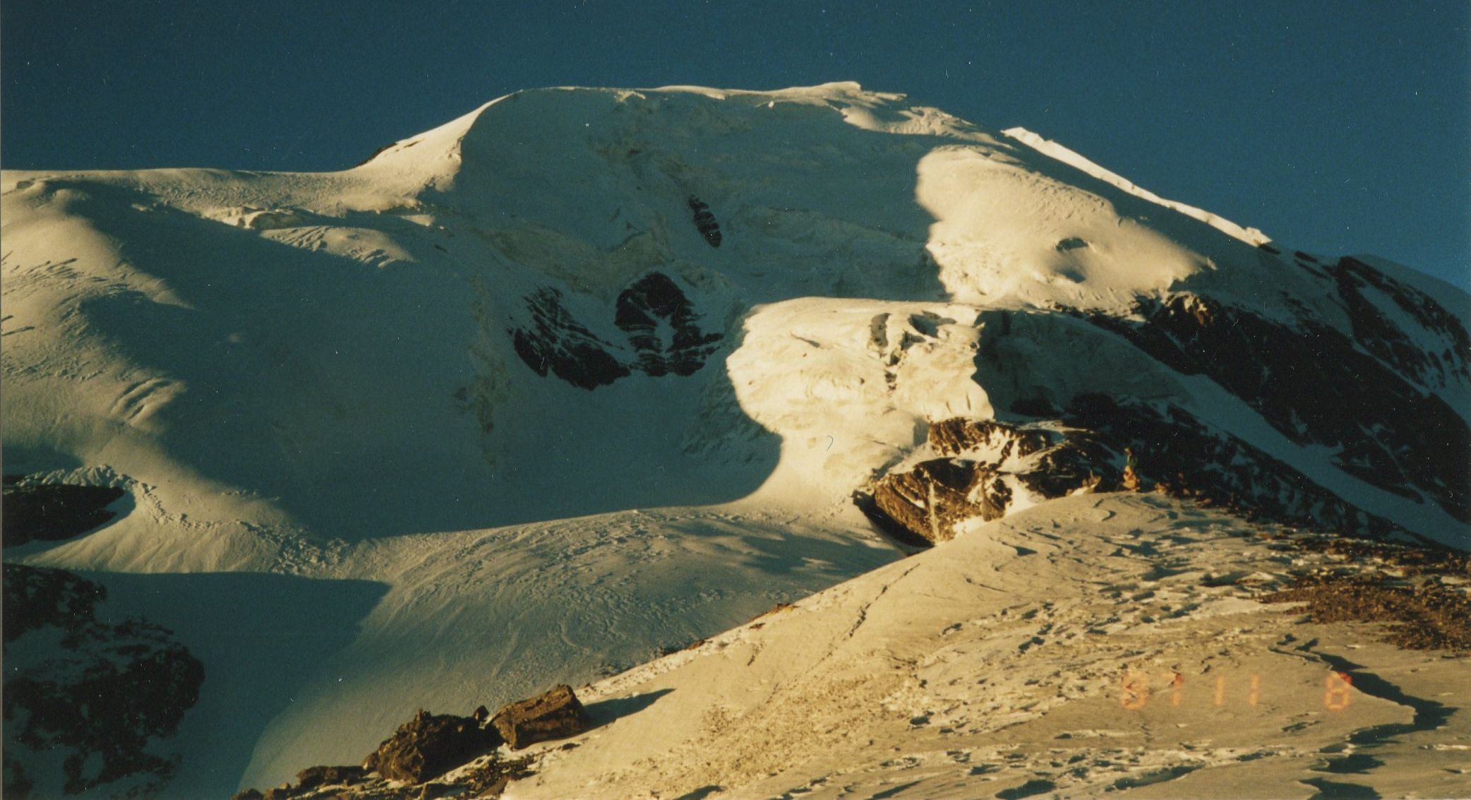 Tharong Peak ( Thorong Ri ) above Tharong La on crossing Tharong La high pass on Annapurna circuit trek in the Nepal Himalaya