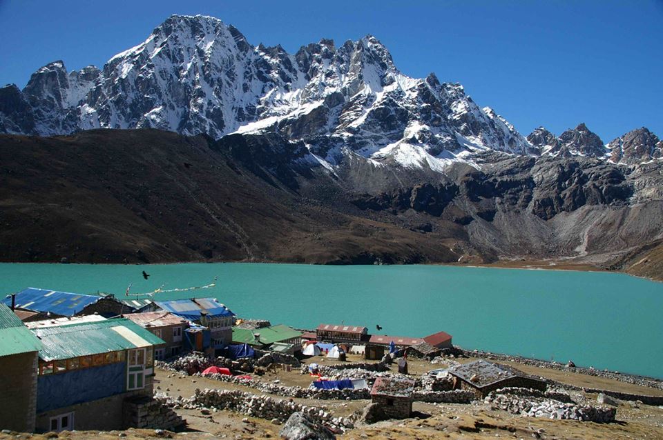 Peaks above Gokyo Lake from Gokyo Village