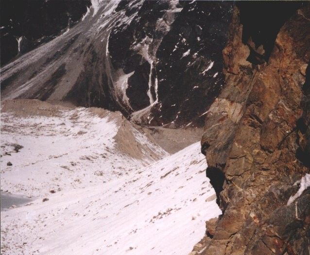 Descending Cliffs to Glacier Lake beneath Tilman's Pass