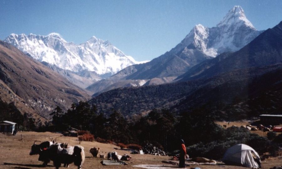 View from Thyangboche of Everest, Nuptse-Lhotse Wall and Ama Dablam