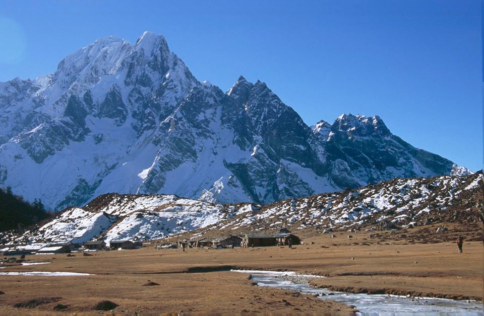 Mount Manaslu and Phungi from camp at Phedi beneath Larkya La