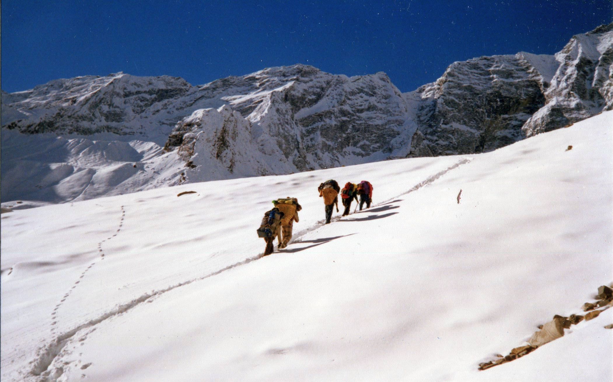 Re-crossing South Annapurna Glacier on return to the Sanctuary from Rakshi Peak