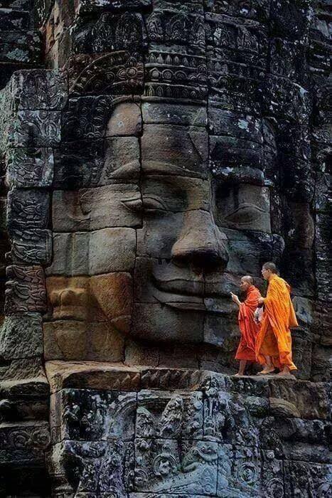 Sculptured Head in Bayon Temple in Angkor Thom in northern Cambodia