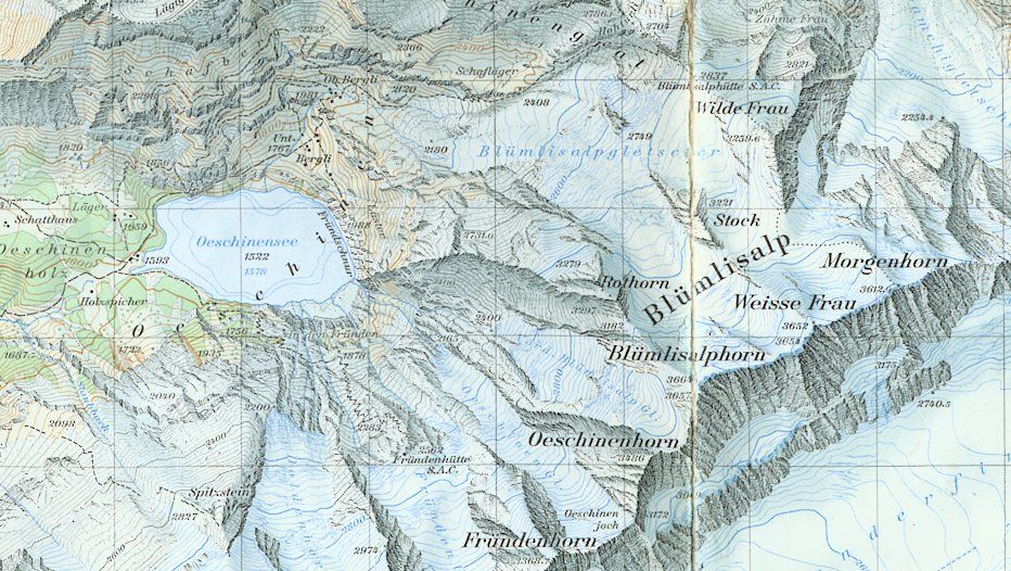 Map of Morgenhorn, Weisse Frau and Blumlisalphorn in the Bernese Oberlands of the Swiss Alps