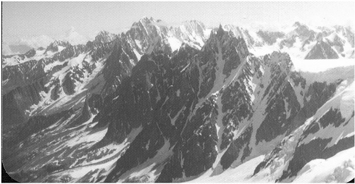 Aiguille du Midi on normal route of ascent on Mont Blanc from Nid d'Aigle