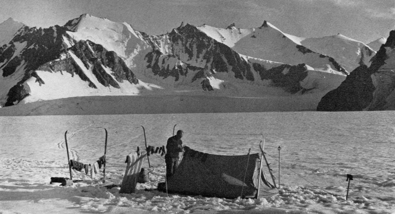 Camp in upper basin of the Lang Gletscher of Staunings Alps in Greenland
