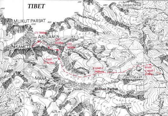 Access route map for Kamet in the Garwal Himalaya of India