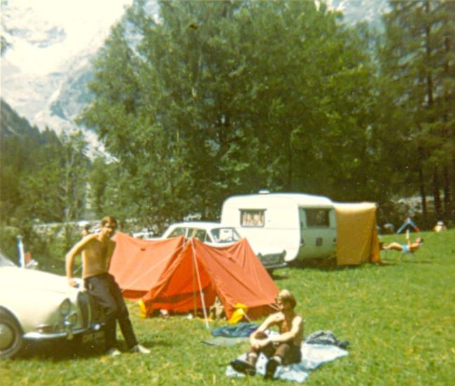Campsite at Courmayeur beneath Mont Blanc Massif