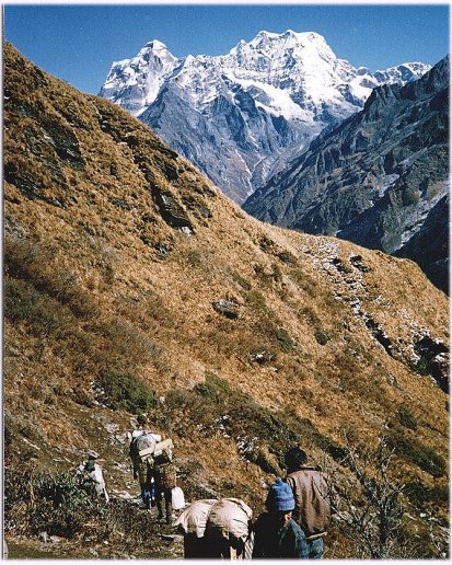 Mera Peak on descent from Zatrwa La into the Hinku Valley in the Nepal Himalaya