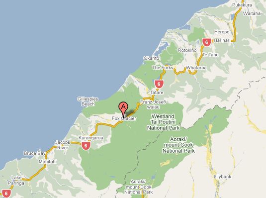 Location Map for Fox Glacier and Westland ( Tai Poutini ) NP